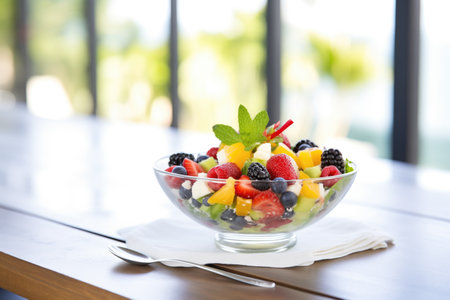 mixed berry salad in a glass bowl with mint garnishの素材