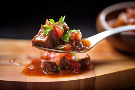 hearty beef goulash on wooden spoon, close viewの素材