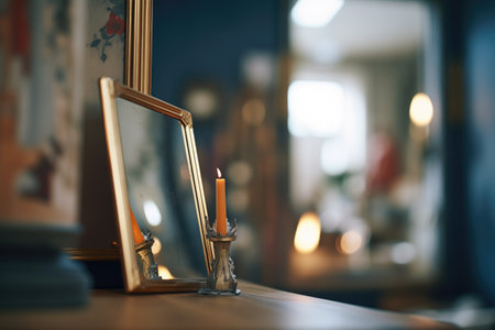 a mirror reflecting a flame but no candle present in the roomの素材