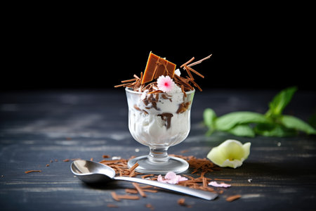 vegan coconut ice cream sundae with dark chocolate shardsの素材