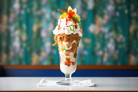 triple scoop sundae in a tall glass with whipped creamの素材