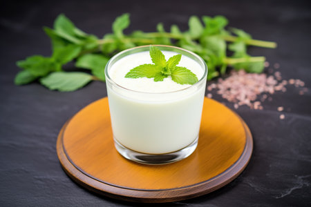 glass of kefir with mint leaves on a slate coasterの素材