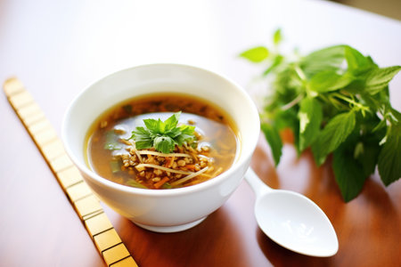 lentil soup with a sprig of mint for garnishの素材
