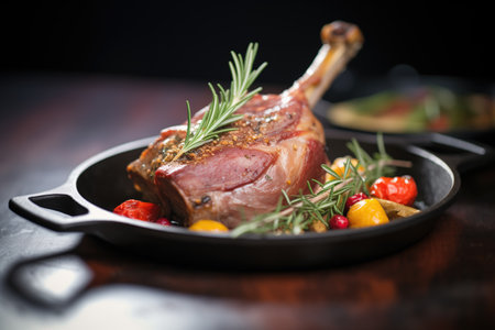 roasted lamb shank with rosemary on a cast iron dishの素材