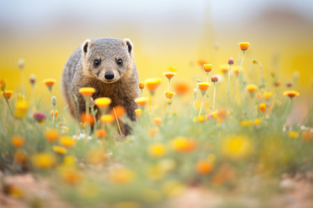 mongoose amid a field of desert wildflowersの素材