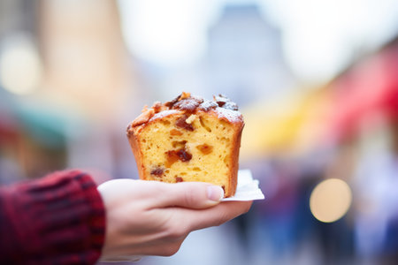 hand holding a slice of panettone, blurred backgroundの素材