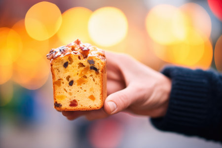 hand holding a slice of panettone, blurred backgroundの素材