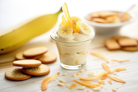 banana slices on top of banana pudding, wafers on sideの素材