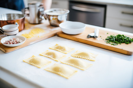 ravioli cooking process with dough, filling, and cutterの素材