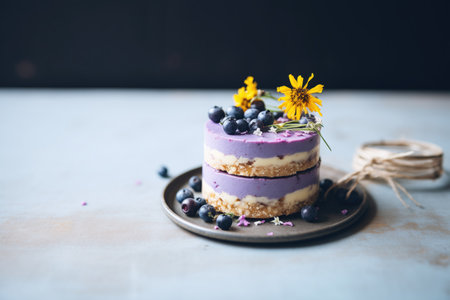 raw vegan blueberry cheesecake with fresh blueberries on topの素材