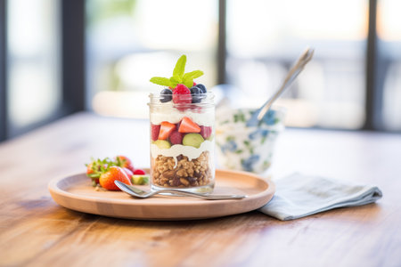 raw vegan cheesecake in a glass jar with layered fruit and nutsの素材