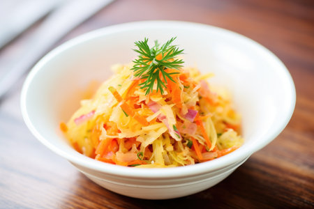 colorful sauerkraut with carrot strips, in white bowlの素材