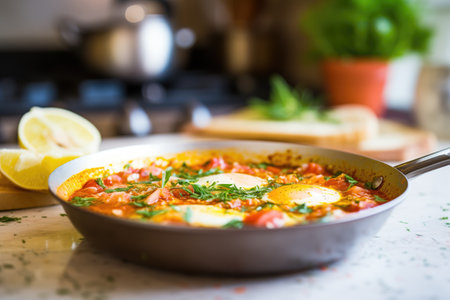 side shot, egg being cracked over simmering shakshukaの素材