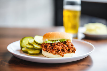 sloppy joe with pickled cucumber slices on the sideの素材