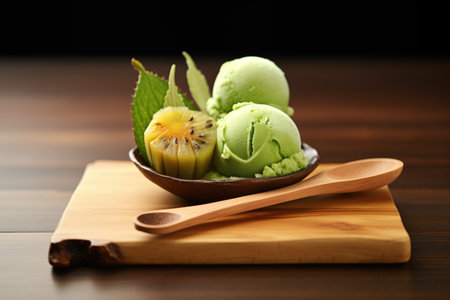 kiwi sorbet with whole kiwi on a wooden boardの素材