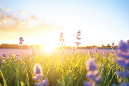 sun cresting over a field of lavenderの素材