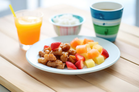 kids sweet and sour pork meal with side of fruitの素材