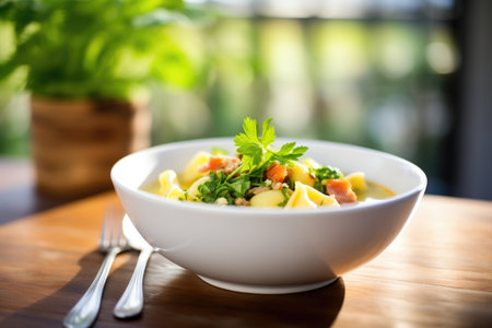 bowl of tortellini soup with a parsley garnishの素材