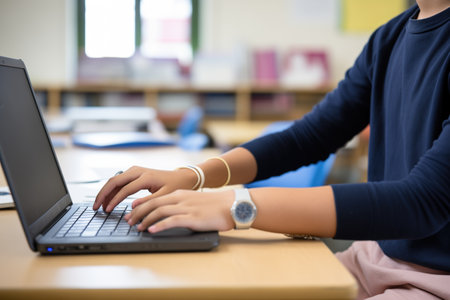 a person displaying correct hand posture for typing to a studentの素材
