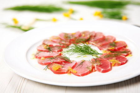 thinly sliced beet carpaccio on white plate with a sprig of dillの素材