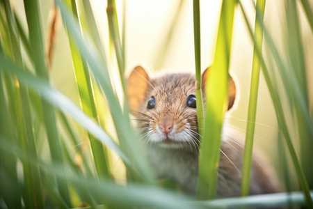backlit vole with translucent ears in tall grassの素材