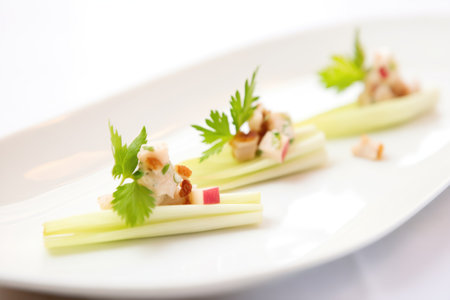 scoop of waldorf salad on endive leaves, plated as appetizersの素材