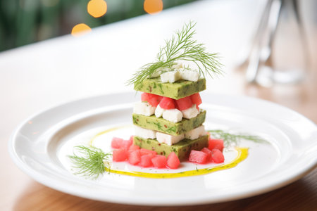 watermelon feta salad topped with fresh dillの素材