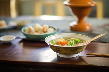 bowl of wonton soup with dim sum in backgroundの素材