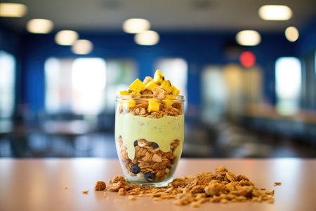 fitness-themed parfait with protein granola, gym backgroundの素材