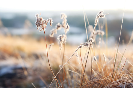 glittering frost on a hilltops dried grass tufts