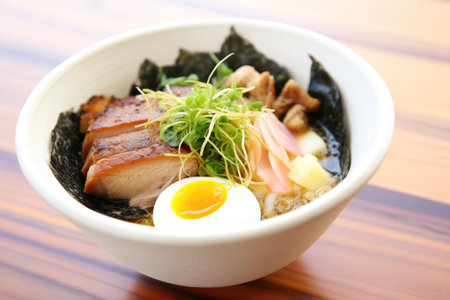 ramen bowl with pork belly, nori, and soft-boiled eggの素材