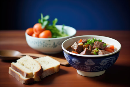 bowl of beef stew, a loaf of sourdough bread beside itの素材