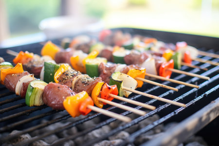 beef teriyaki and vegetable kabobs on a charcoal grillの素材