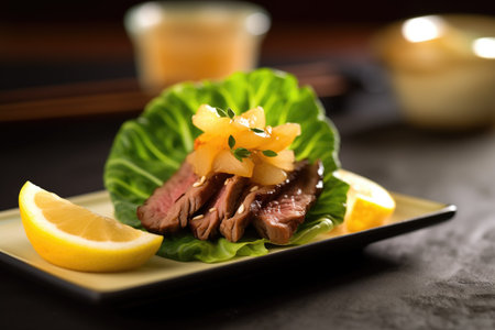 beef teriyaki served on green leaf with a lemon wedgeの素材