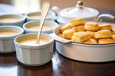 biscuits lined up with a gravy boat ready for pouringの素材