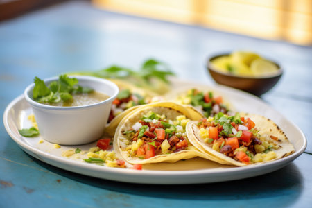 breakfast tacos on a plate with salsa dipping sauce on the sideの素材
