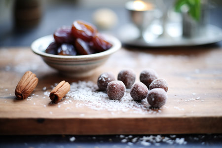 fresh medjool dates next to cacao ballsの素材