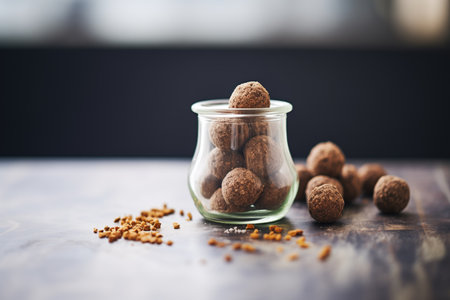 pile of cacao date balls in a glass jarの素材