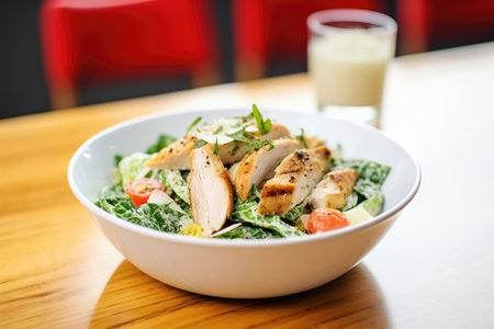 fresh caesar salad with grilled chicken slices on topの素材