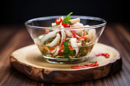 marinated calamari with chili and garlic in glass bowlの素材