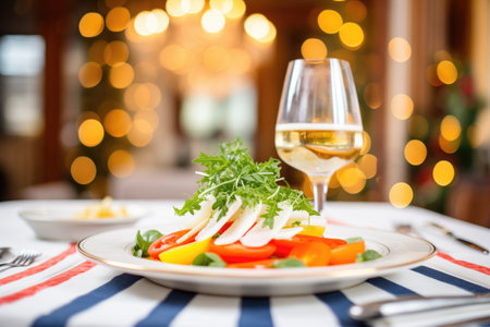 a large caprese salad in the center of a festive dinner tableの素材