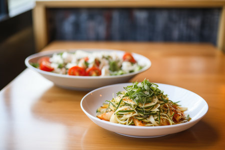 a caprese salad side dish next to a bowl of italian pastaの素材