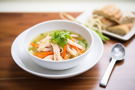 steaming chicken noodle soup in white bowl, side breadの素材
