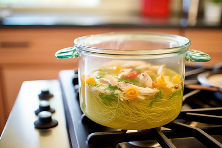 chicken noodle soup in a clear glass pot, stovetop visibleの素材