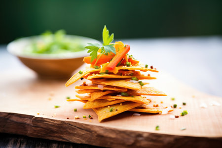 carrot chips stacked on a wooden boardの素材