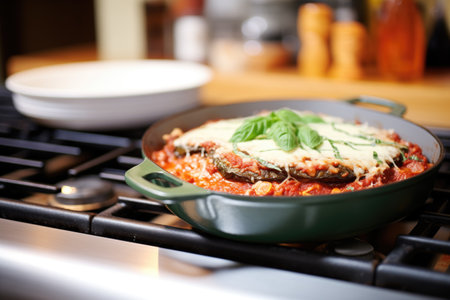 diagonal angle of a bubbling hot eggplant parmesan in the ovenの素材