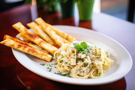 fettuccine alfredo with a side of garlic bread sticksの素材