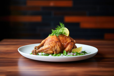 whole fried chicken on a plate, garnished with parsleyの素材