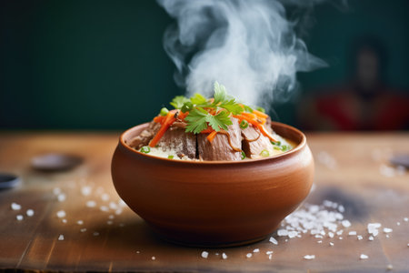 goulash bread bowl with visible steam, on a cold day backgroundの素材