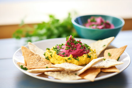 colorful beet hummus with pita slices and parsley garnishの素材